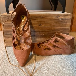 Beige ballet lace up flats